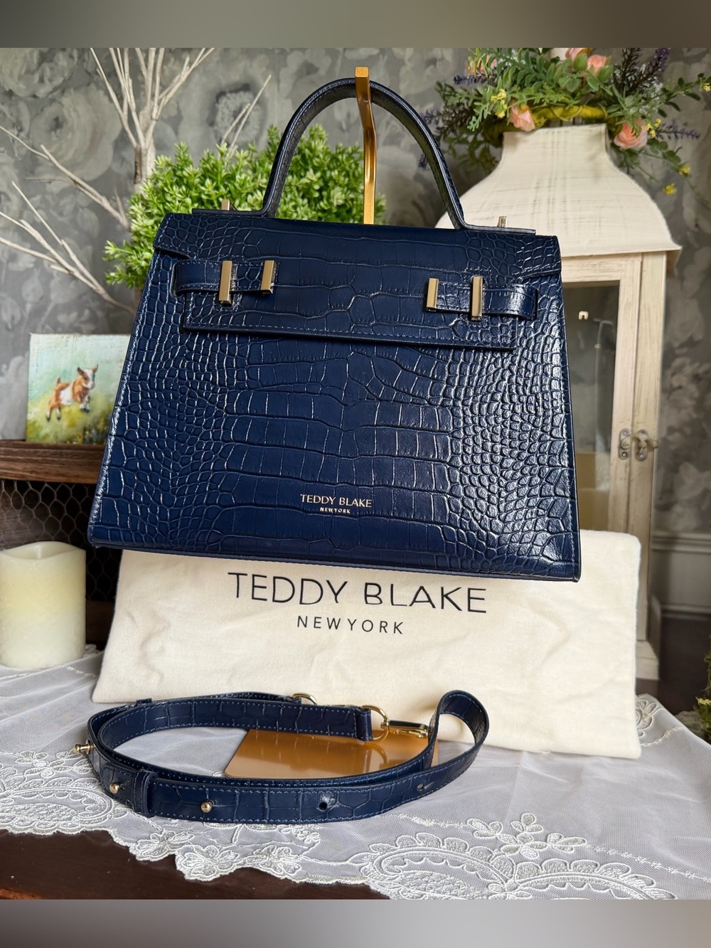 NWOT Teddy Blake Navy Croc-Embossed Leather Top Handle Bag Purse